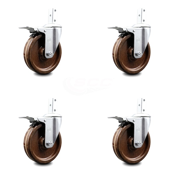 Service Caster 5 Inch High Temp Phenolic 3/4 Inch Square Stem Caster Set Total Lock Brake SCC SCC-SQTTL20S514-PHSHT-34-4 - main